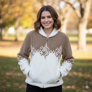 Alia Sport Brown And Cream Fleece Jacket With Snowflake Pattern Size Med